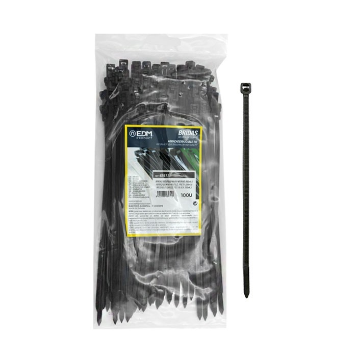 Bridas reutilizables negras 200x4.5 mm. 100 u. Bridas reutilizables negras 200x4.5 mm. 100 u.