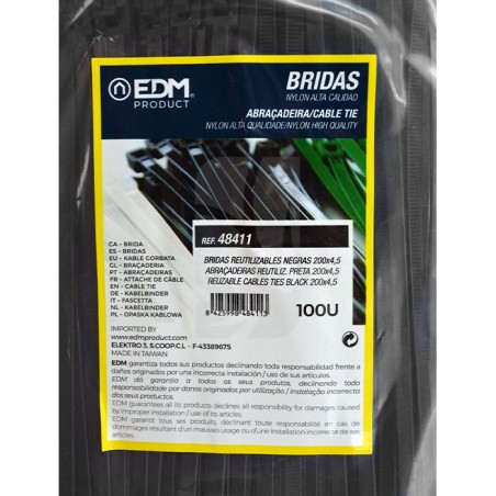 Bridas reutilizables negras 200x4.5 mm. 100 u.