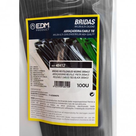 Bridas reutilizables negras 300x4.5 mm. 100 u.