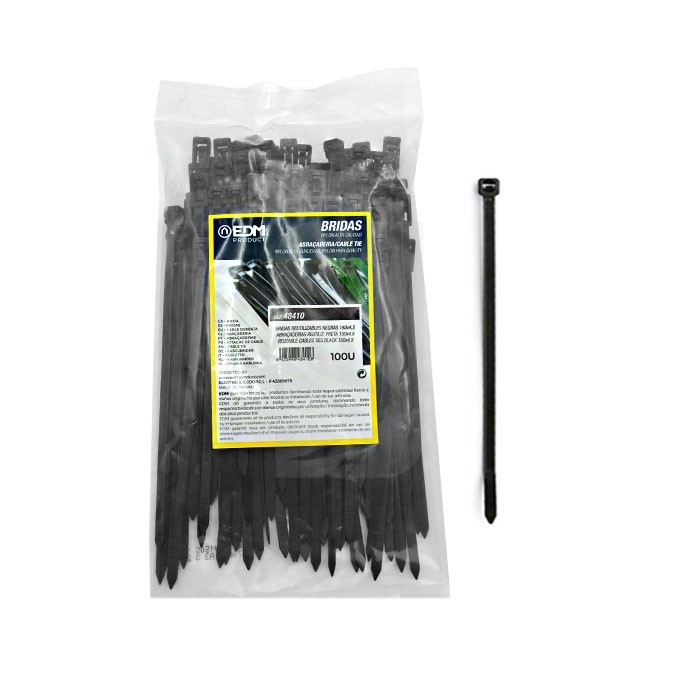 Bridas reutilizables negras 150x4.5 mm. 100u. Bridas reutilizables negras 150x4.5 mm. 100u.