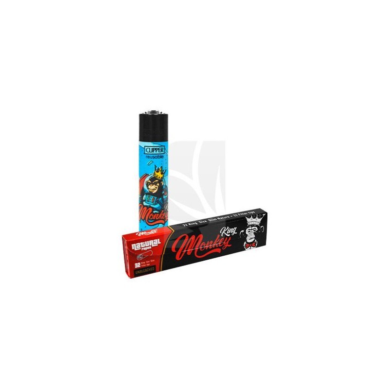 Pack con Mechero Clipper Azul + Papel de liar + Tips de Monkey King